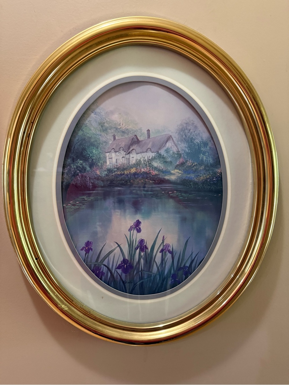 Vintage Cottage Core Large Oval Gold Framed Landscape Print with Purple Irises